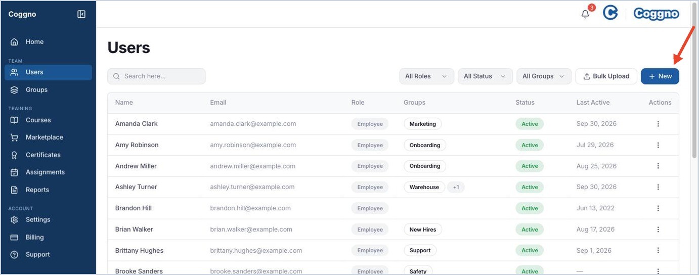 The Users page, with the New button highlighted