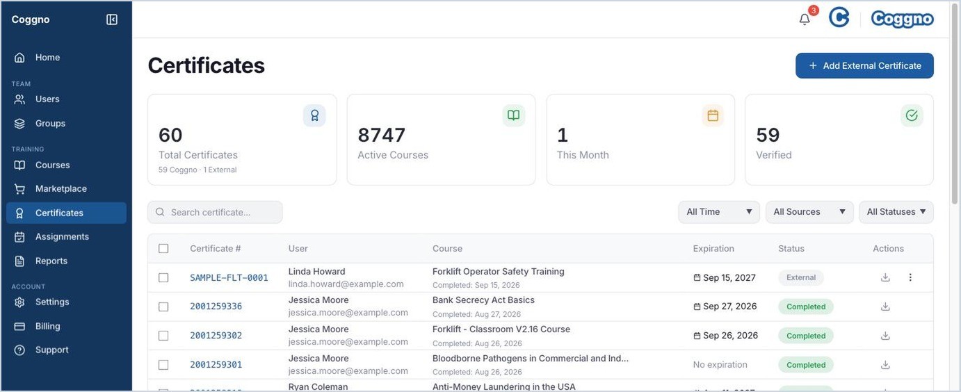 The Certificates page, with search and filters above the list