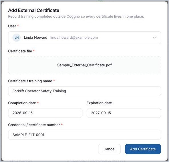 The Add External Certificate dialog