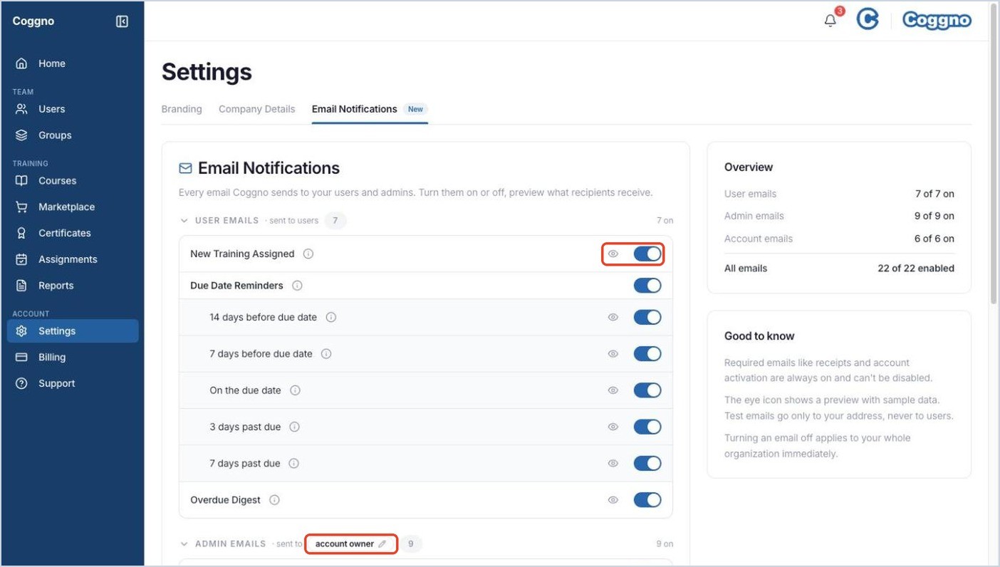 Settings, Email Notifications, with a toggle highlighted