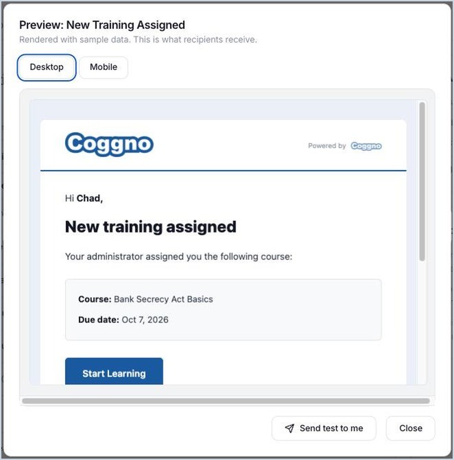 A preview of the New training assigned email