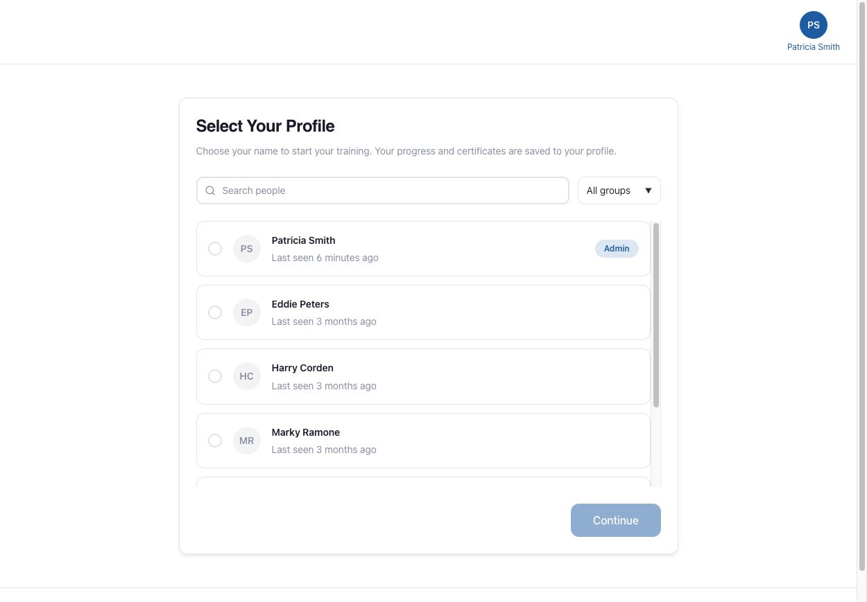 The Select Your Profile screen on a Training Kiosk