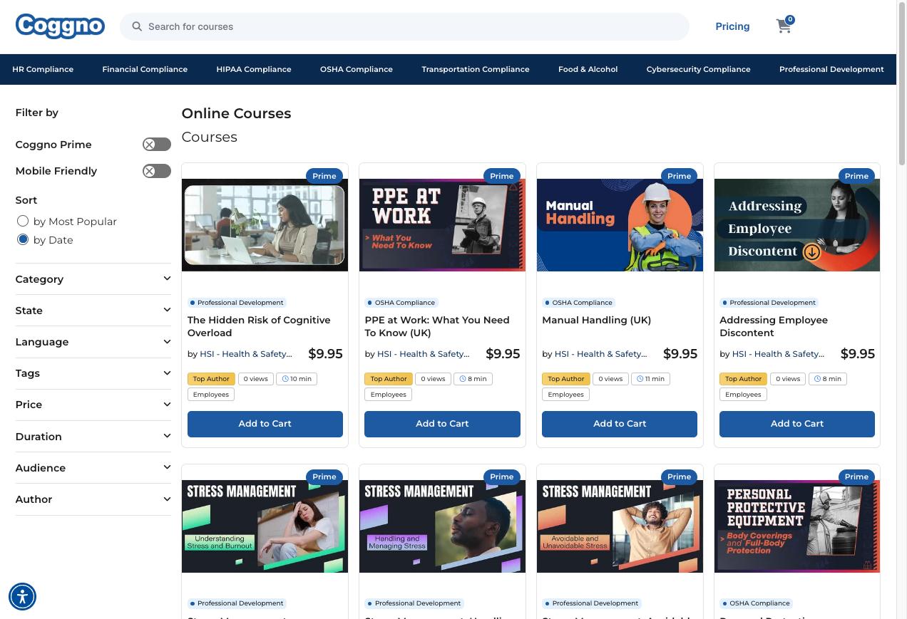 The Coggno Marketplace course listing, with filters down the left and course cards showing price and an Add to Cart button