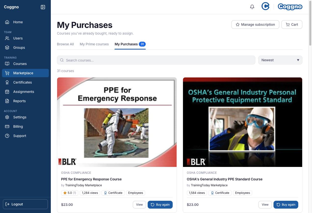 The My Purchases tab listing previously bought courses, each with a View and a Buy again button