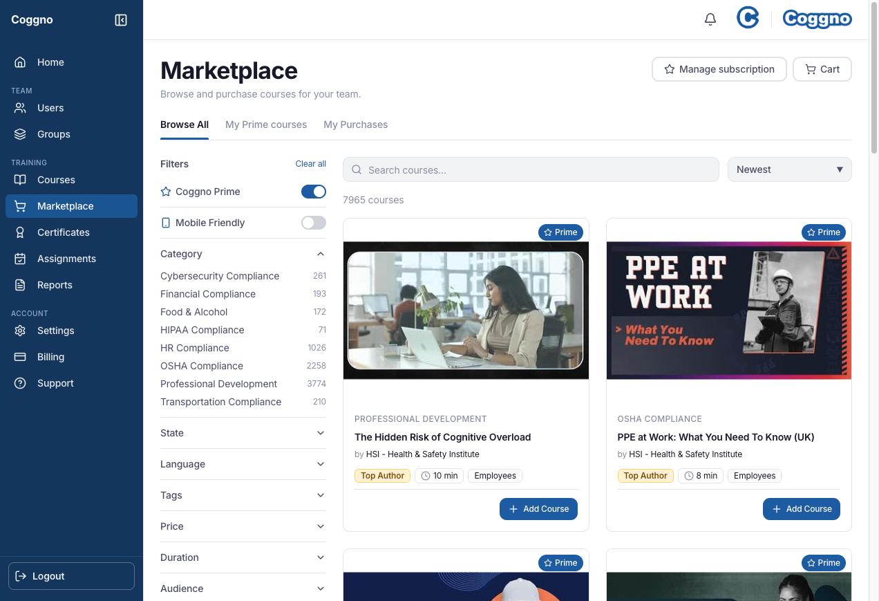 The in-app Marketplace Browse All tab, with filters on the left and course cards showing an Add Course button
