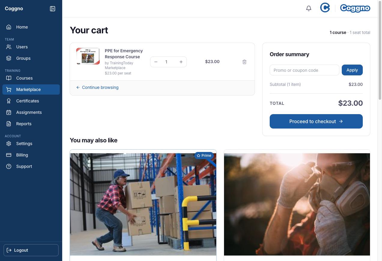 The in-app cart showing one course, the seat stepper, the promo code field and the Proceed to checkout button